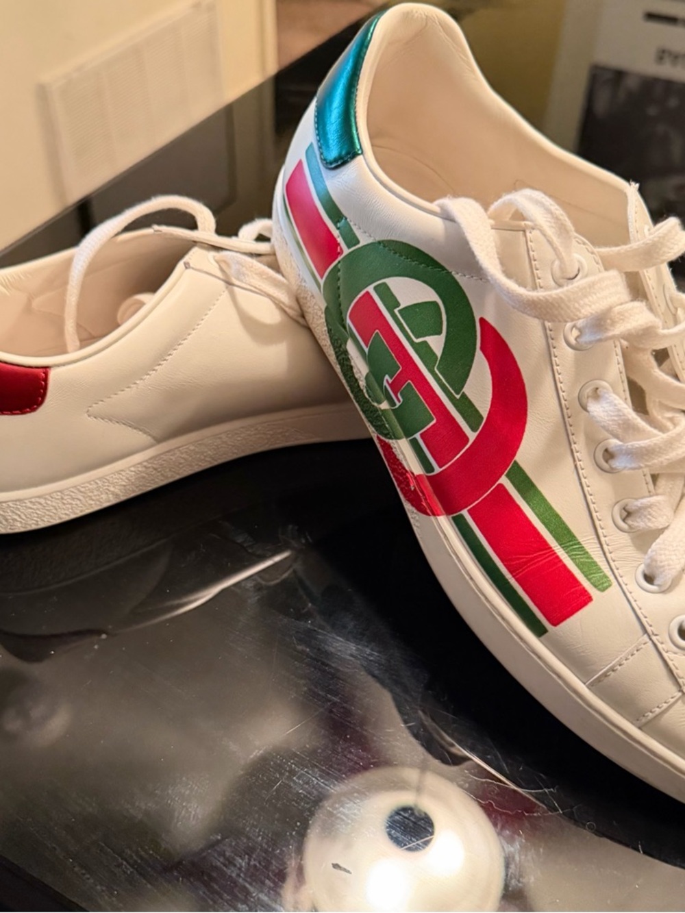 Gucci White Sneakers with Red, Green & Teal Accents